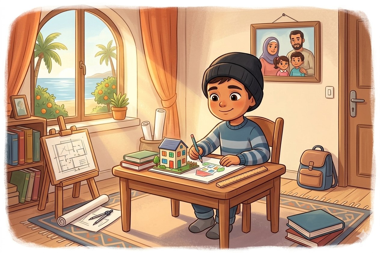 A child in a beanie drawing a little house at his desk by a sunny window